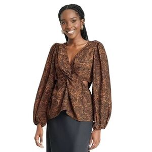 NEW A New Day Balloon Sleeve Twist Front Side Cut Out Top Sz M